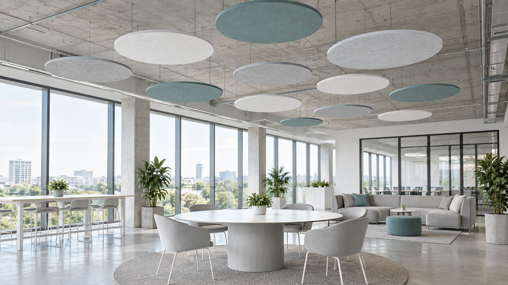 Office concept with flat coloured circular absorbers suspended below an open ceiling