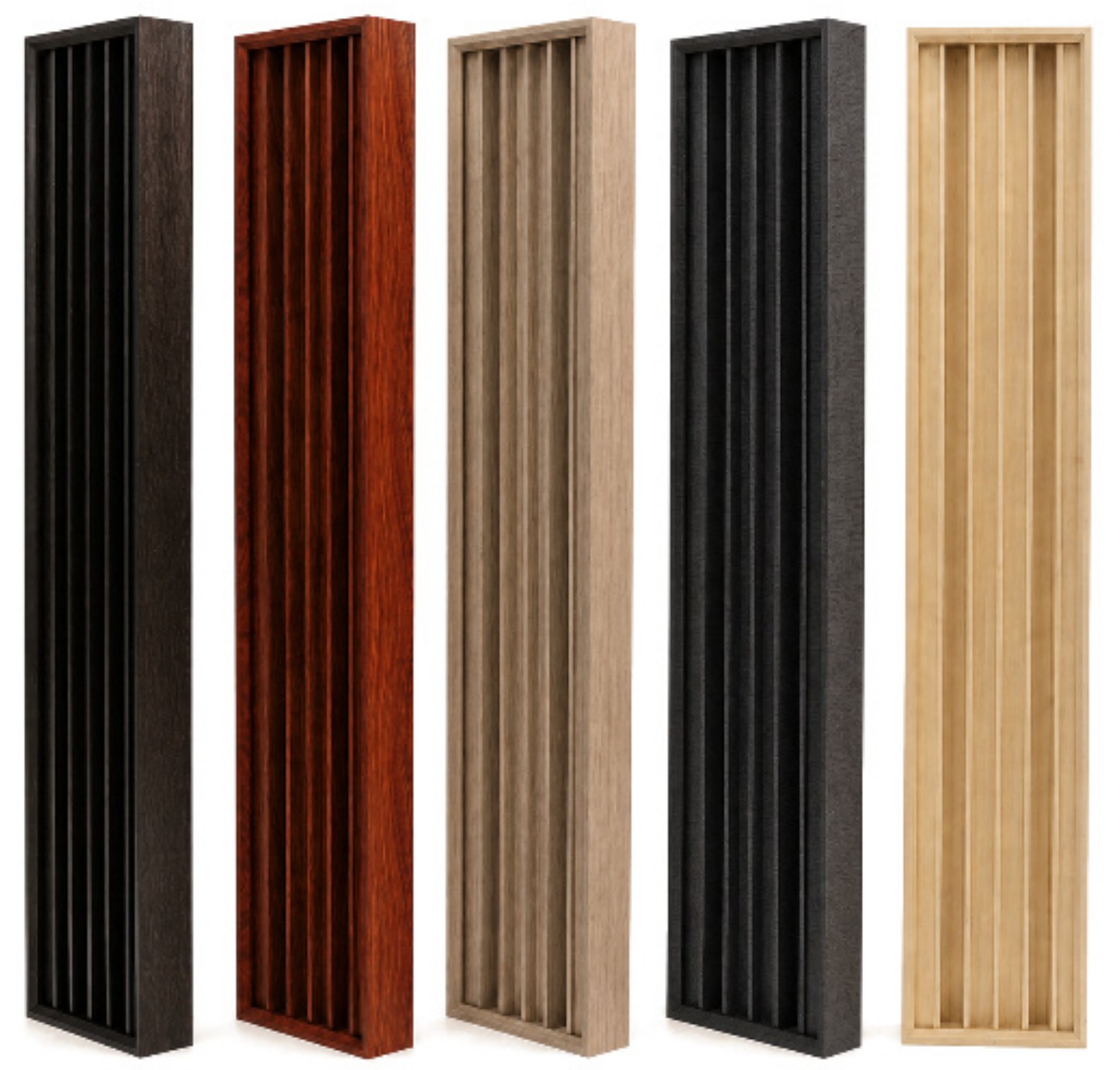 Narrow vertical quadratic residue diffuser modules in five woodgrain finishes
