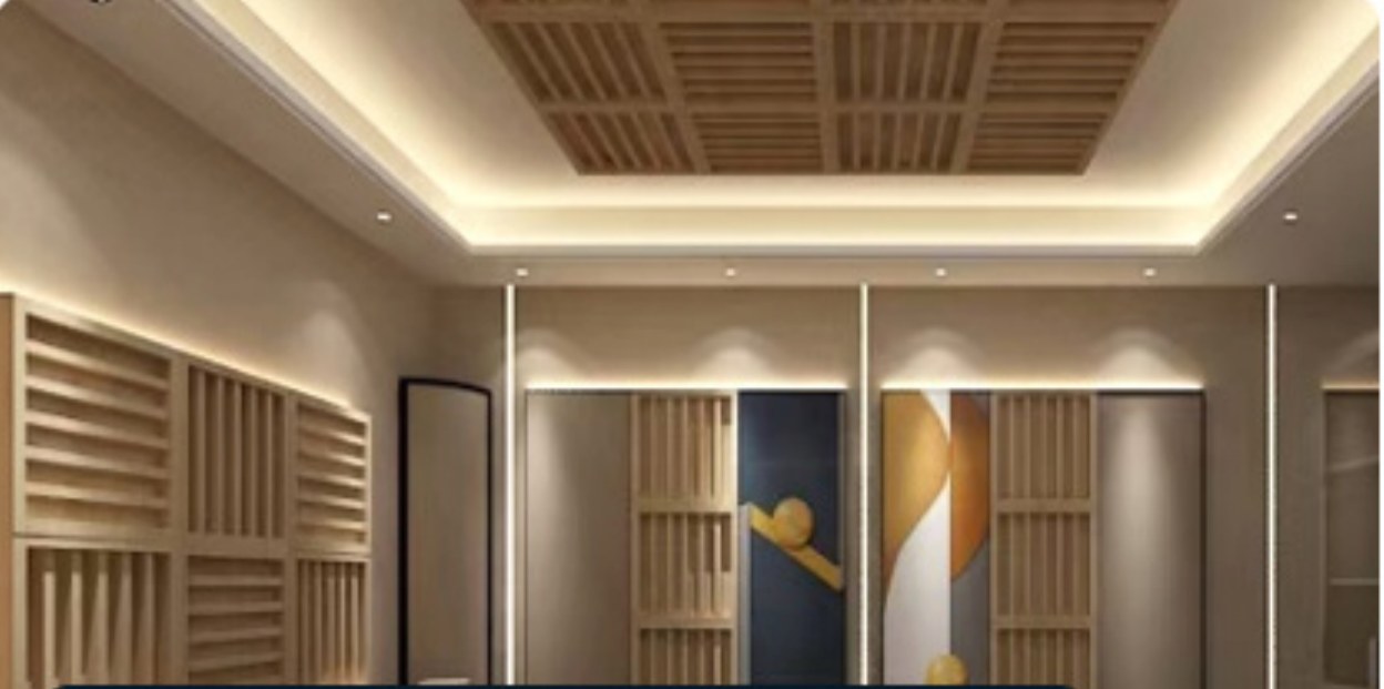 Listening-room concept showing a square diffuser array on the ceiling