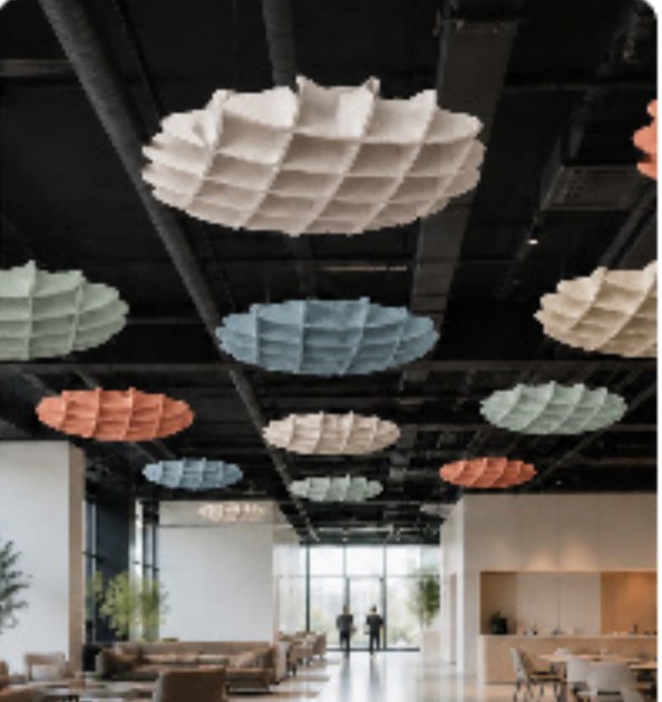 Cafe ceiling concept with shaped interlocking PET features