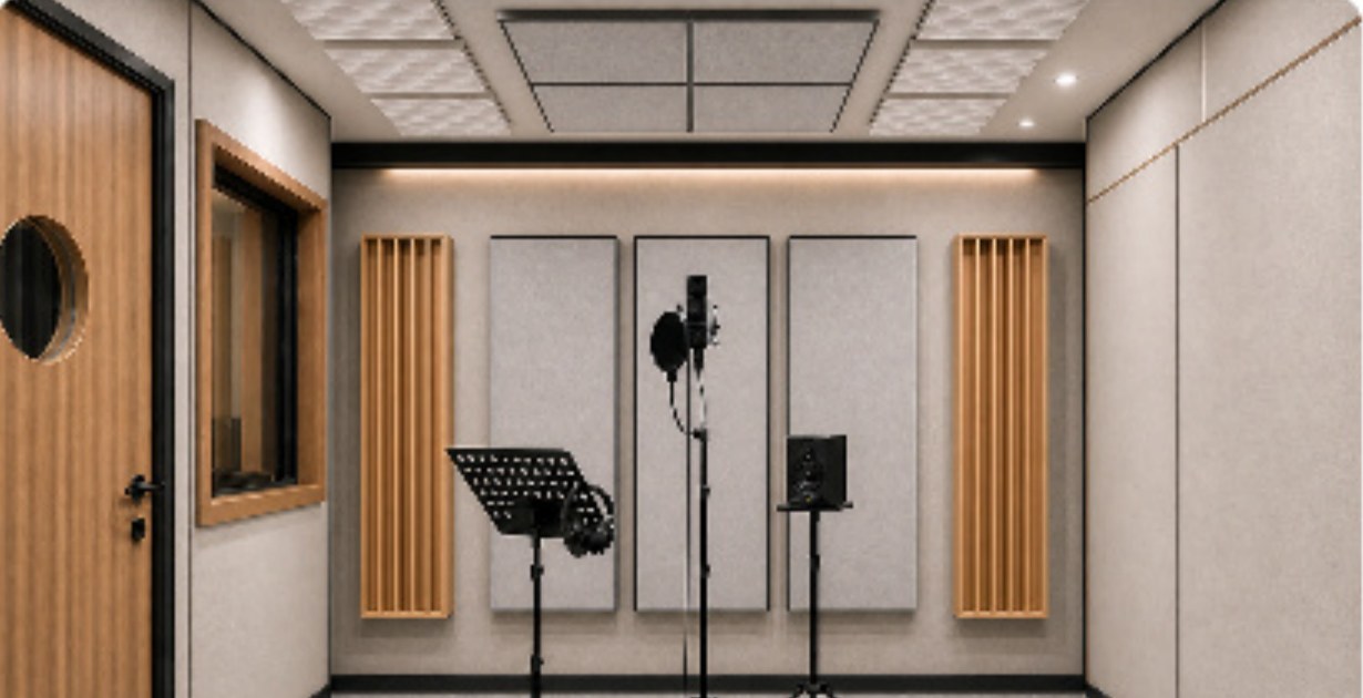 Studio concept with tall wall diffusers and separate fabric-faced absorptive panels